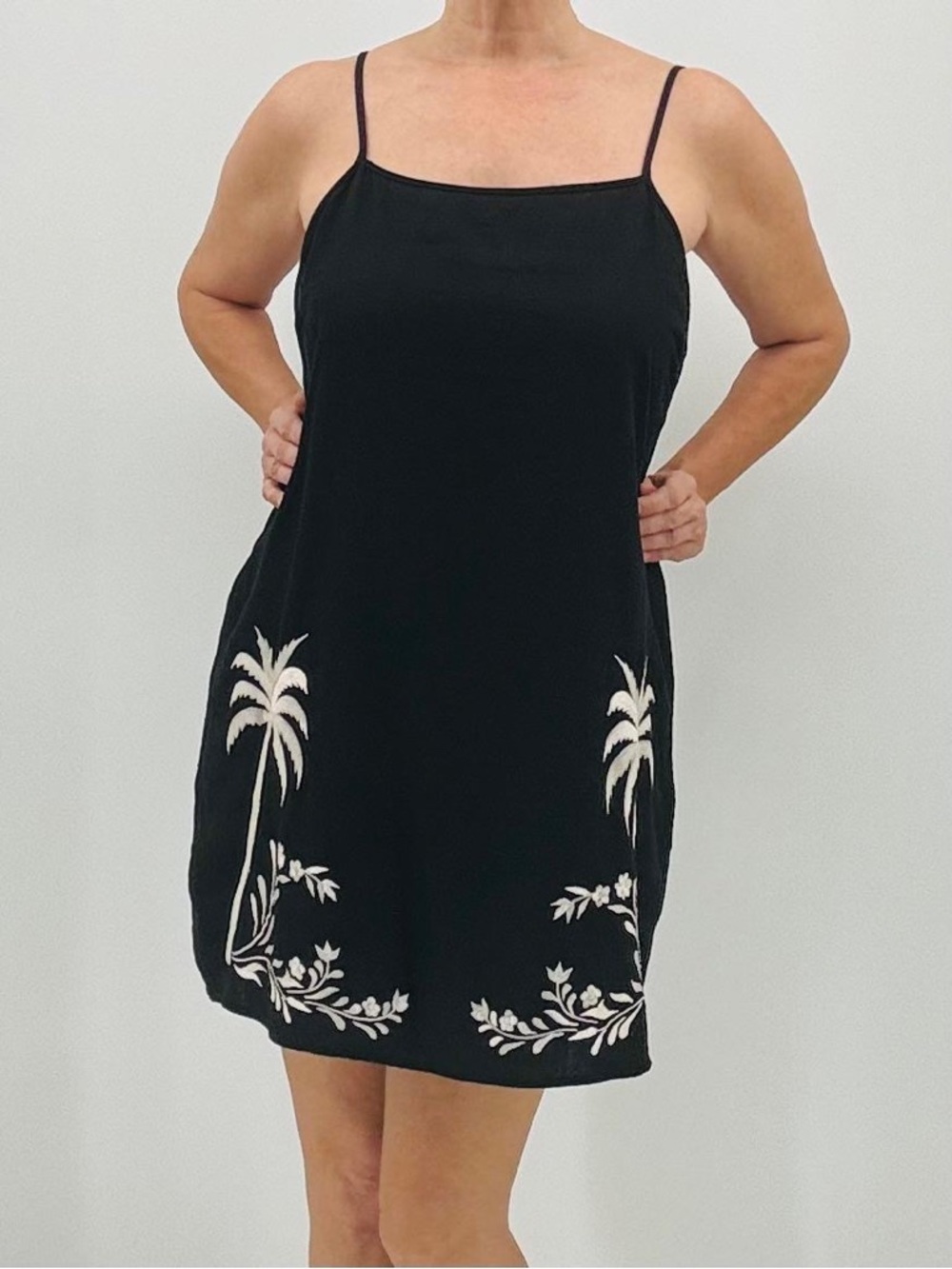 Calypso St. Barth Coastal Chic Boho Linen  Embroidered Tropical Print Mini Dress